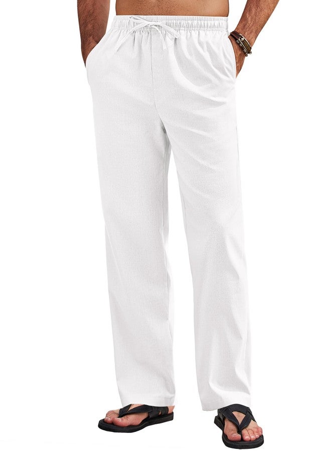 COOFANDY Men's Linen Pants Casual Loose Fit Beach Summer Yoga Pants Lightweight Drawstring Linen Trousers White - Image 1
